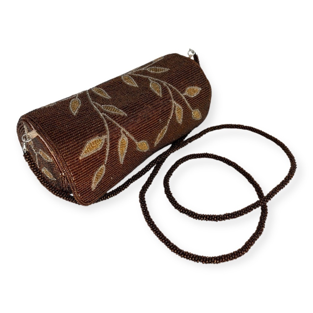 Vintage 90s Lynne Jerome Beaded Barrel Crossbody Bag Brown Floral Silk Lined